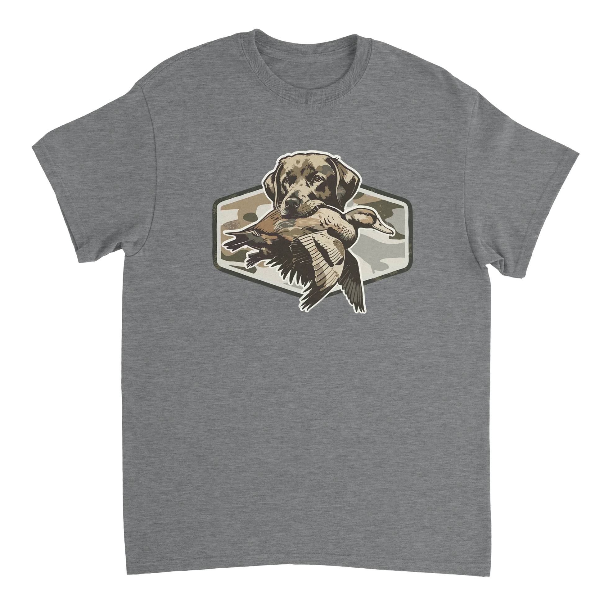 Grey Duck Hunter's T-Shirt with hunting dog and duck graphic on camo background