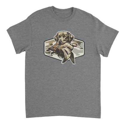 Grey Duck Hunter's T-Shirt with hunting dog and duck graphic on camo background