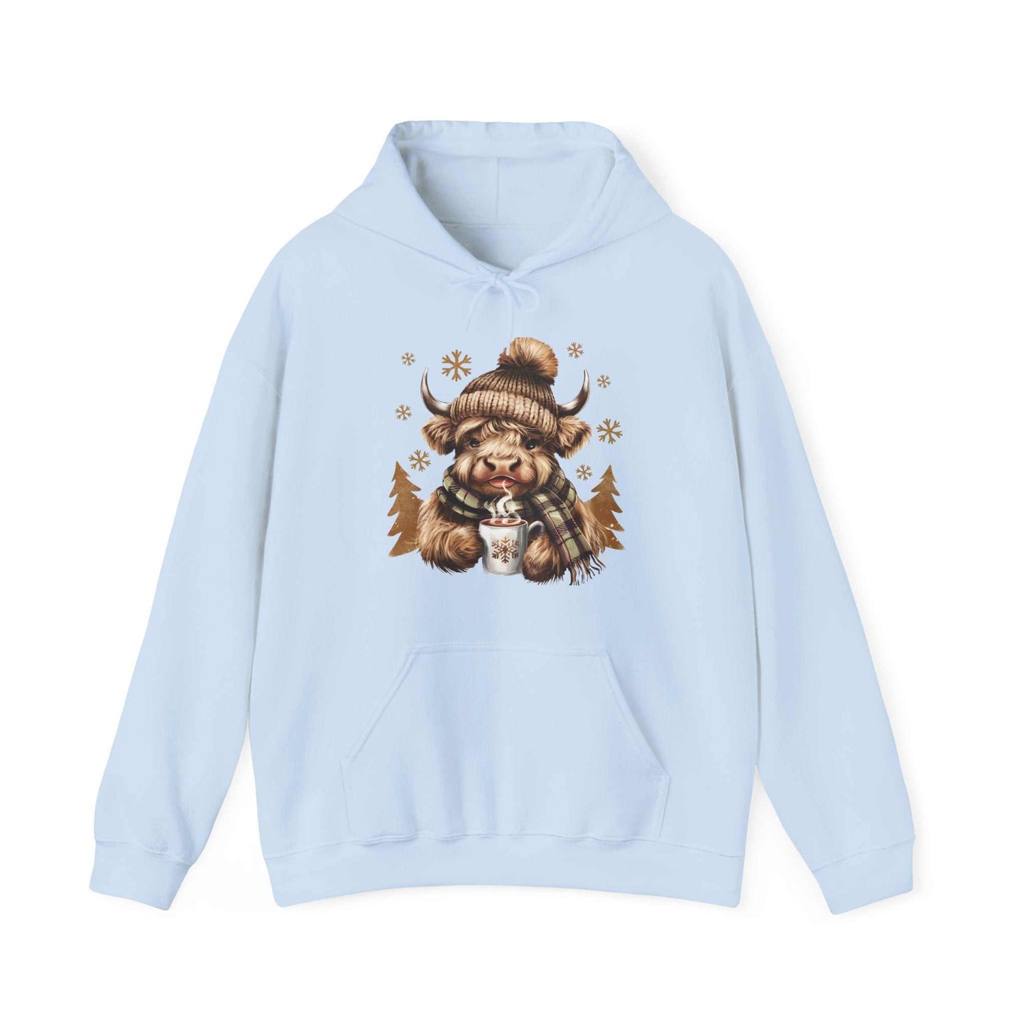 Light blue Highland Cow Hoodie with a cozy watercolor illustration of a Highland cow wearing a knit hat and plaid scarf holding a steaming mug with snowflakes.