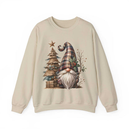 Unisex sweatshirt with rustic plaid Christmas gnome and burlap tree holiday design
