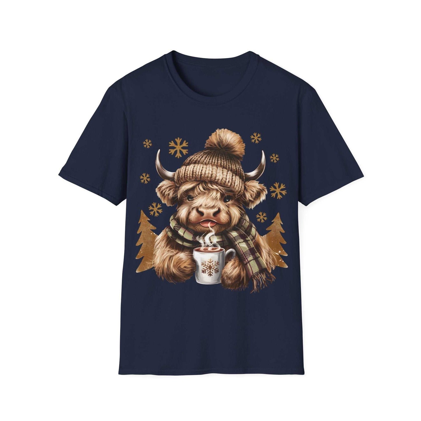 Navy t-shirt featuring a cozy Highland Cow wearing a knit hat and plaid scarf holding a steaming hot chocolate mug with snowflakes.