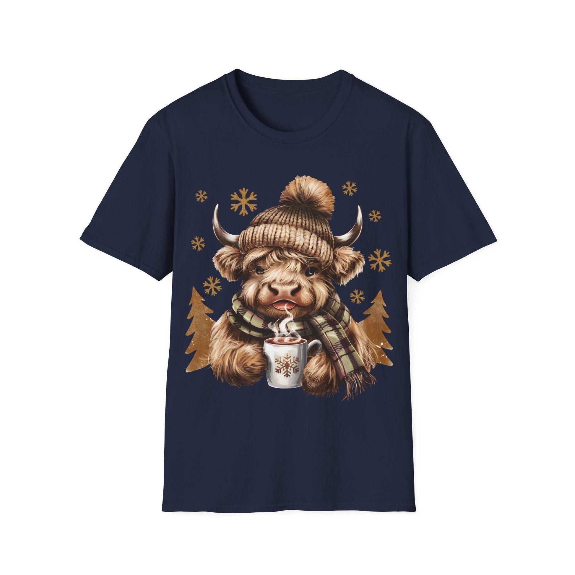 Navy t-shirt featuring a cozy Highland Cow wearing a knit hat and plaid scarf holding a steaming hot chocolate mug with snowflakes.