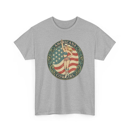 Gray t-shirt with vintage Americana cowgirl emblem featuring a pin-up style figure and distressed American flag background
