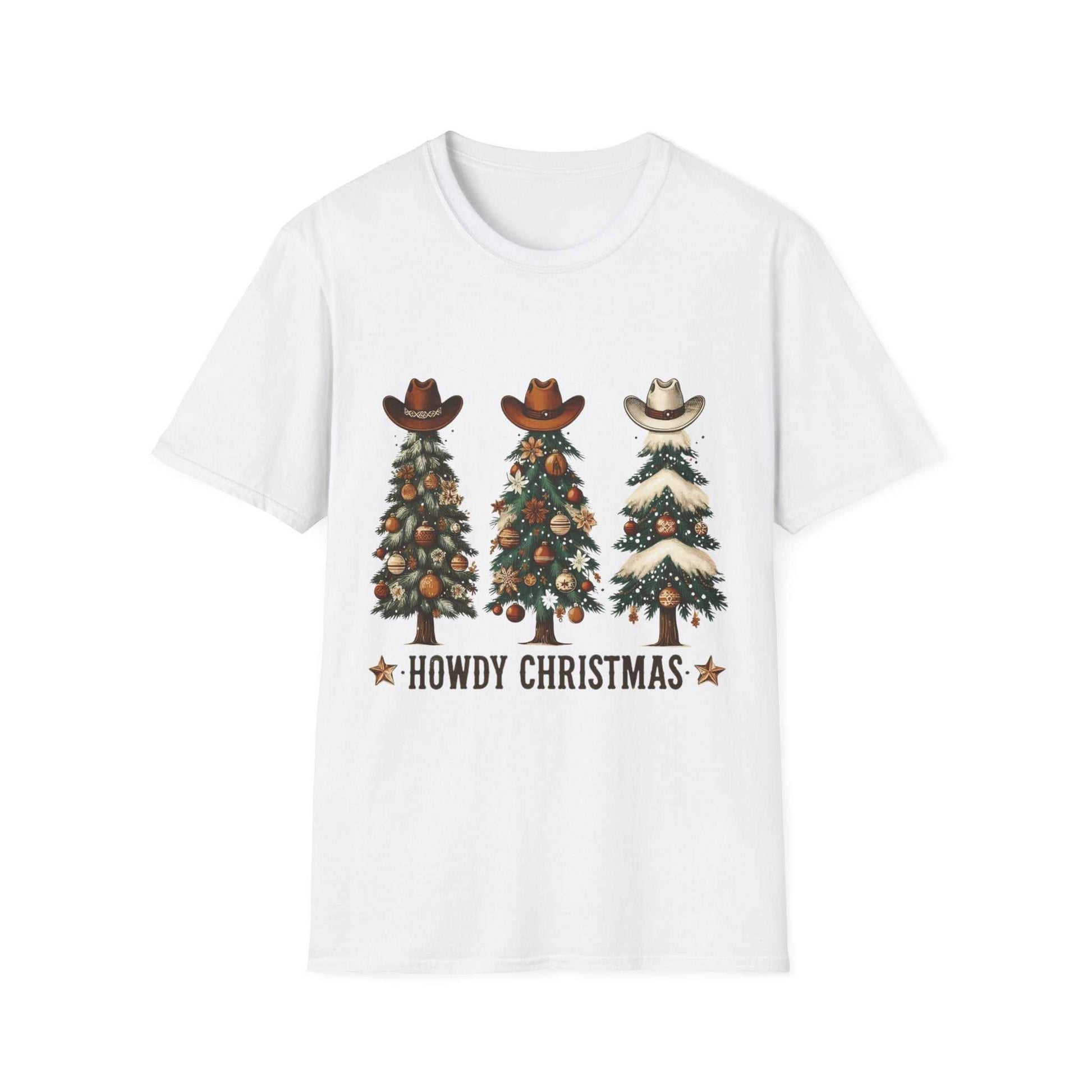 White Howdy Christmas Cowboy Tree T-Shirt with three decorated Christmas trees wearing cowboy hats and "Howdy Christmas" text.
