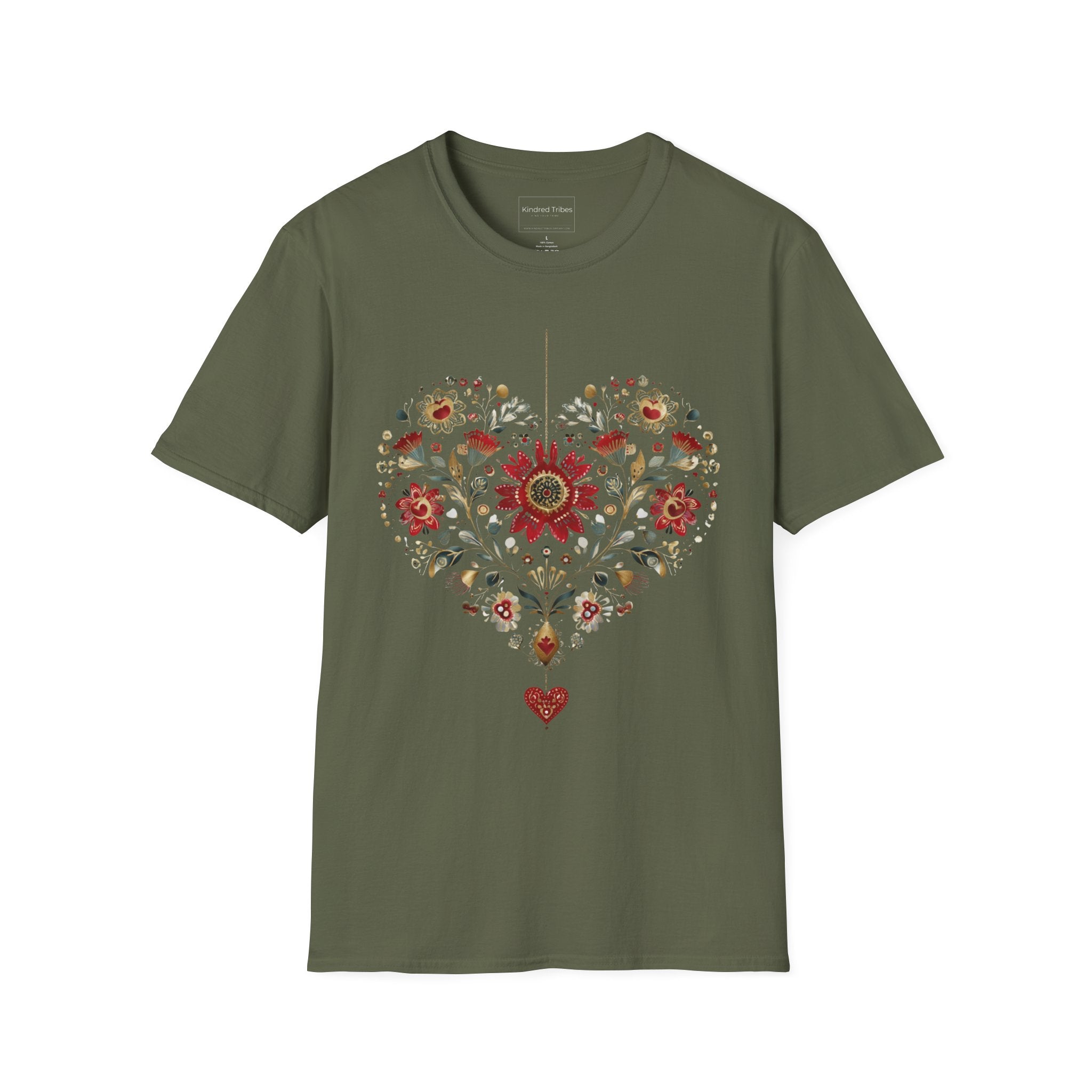 Military Green Heritage Heart Bloom T-Shirt features a heart shaped with beautiful crimson, sage, blue and tan folk art florals.