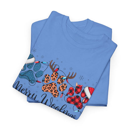 Blue "Merry Woofmas" Christmas tee with festive paw prints in buffalo plaid, leopard spots, Santa hats, antlers, and holiday lights design