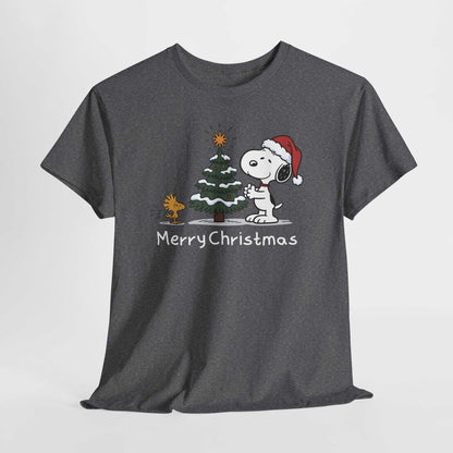 Dark gray Snoopy and Woodstock Merry Christmas holiday graphic t-shirt