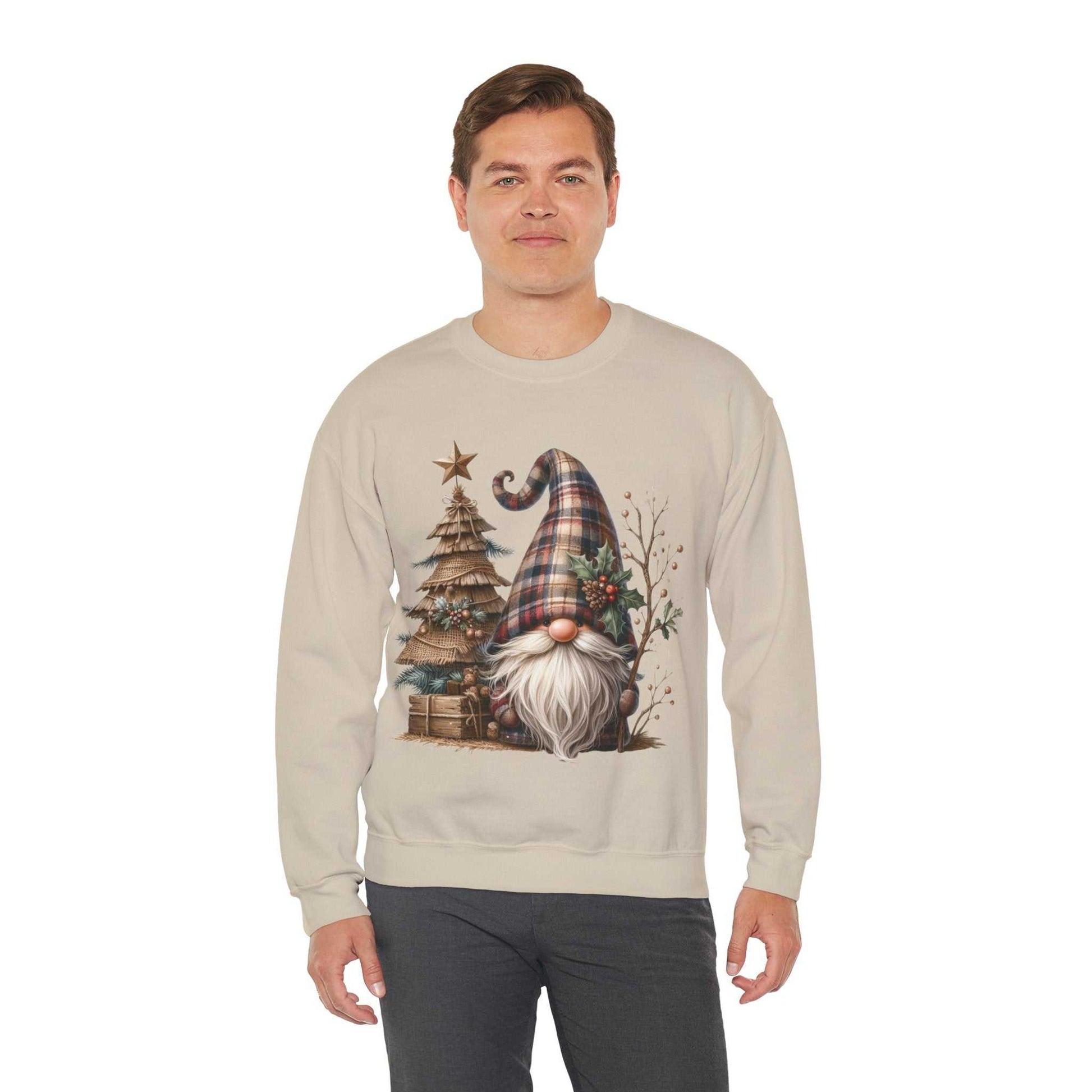 Man wearing beige unisex sweatshirt with rustic plaid Christmas gnome and tree design