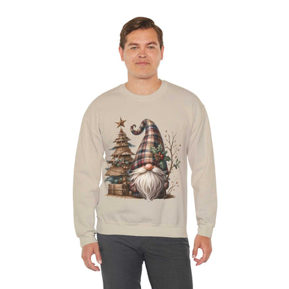 Man wearing beige unisex sweatshirt with rustic plaid Christmas gnome and tree design