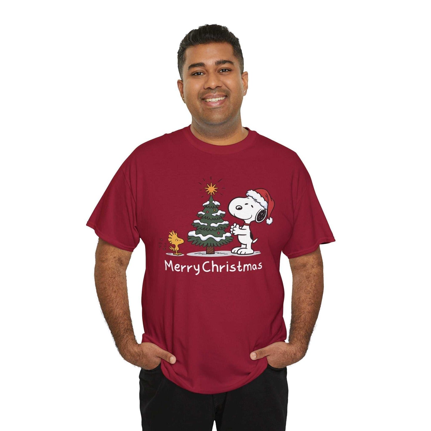 Man wearing red Snoopy & Woodstock "Merry Christmas" T-shirt with holiday tree design