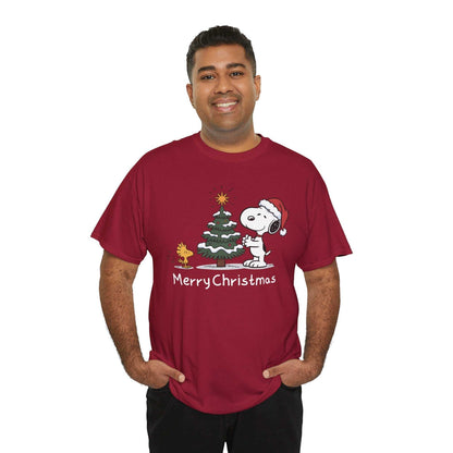 Man wearing red Snoopy & Woodstock "Merry Christmas" T-shirt with holiday tree design