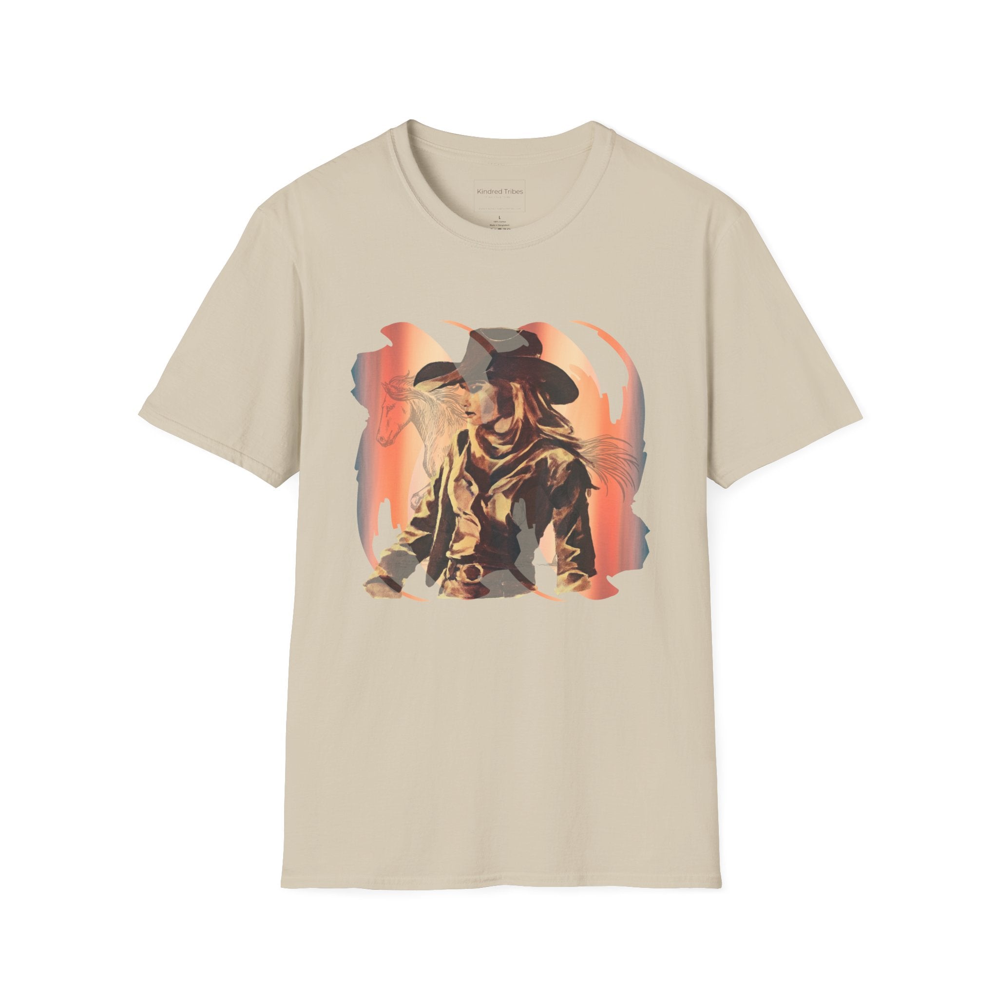 Cowgirl Sunset Shadow Rider T-Shirt - Vibrant Vintage Graphic Design