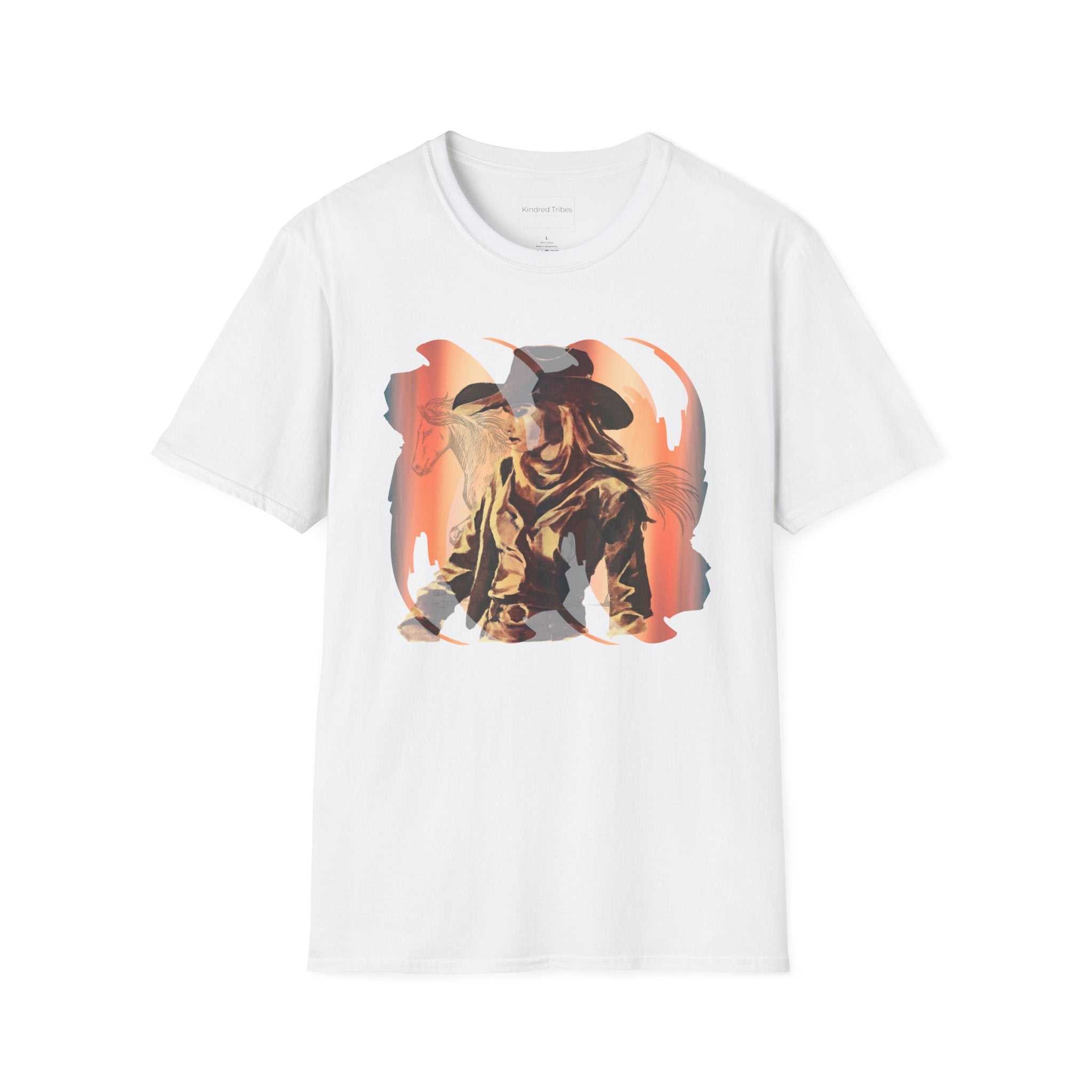 Cowgirl Sunset Shadow Rider T-Shirt - Vibrant Vintage Graphic Design