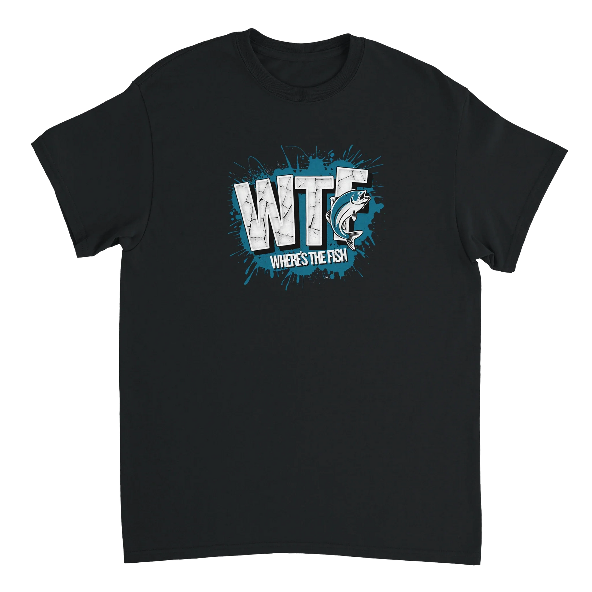 Black classic cotton t-shirt with WTF Where's The Fish whimsical fishing graphic design