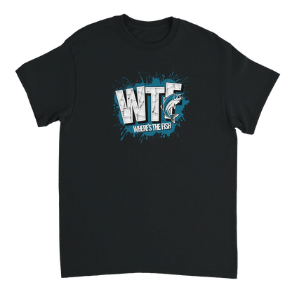 Black classic cotton t-shirt with WTF Where's The Fish whimsical fishing graphic design