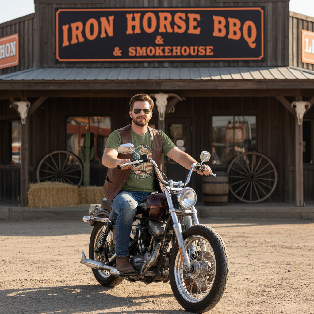 man riding motorcycle wearing vintage americana cowgirl emblem t-shirt in front of iron horse BBQ and smokehouse