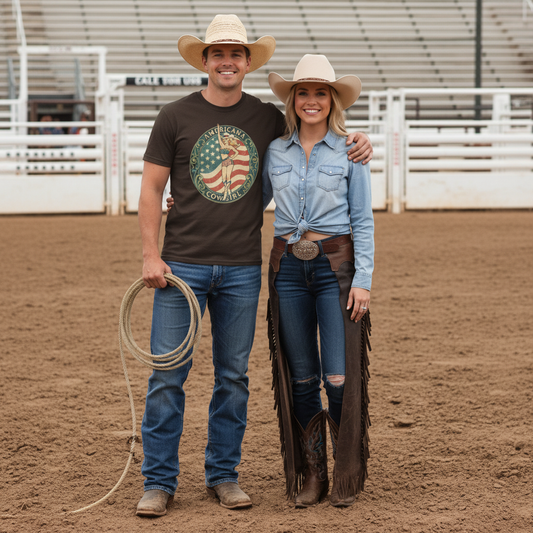 Couple wearing vintage Americana cowgirl emblem t-shirt and Western attire in rodeo arena