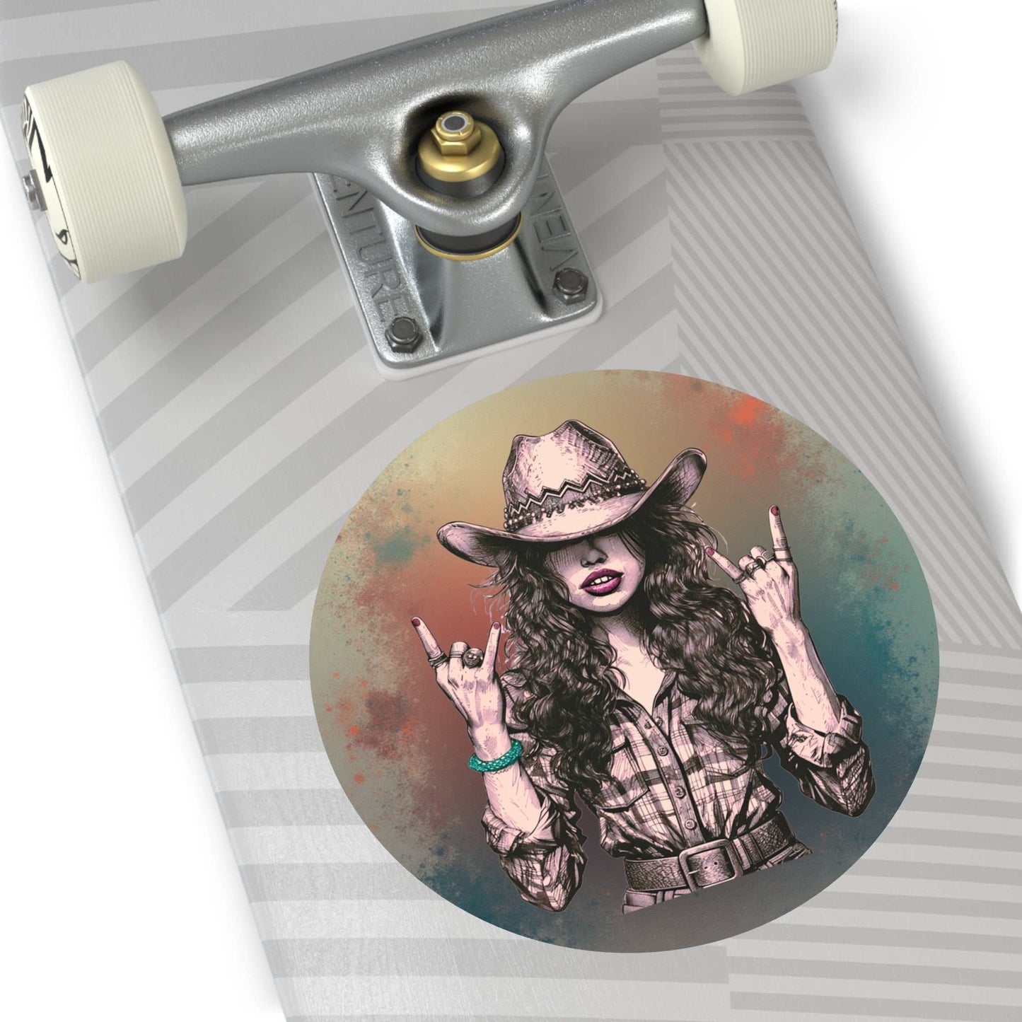 Rock On Vintage Cowgirl round vinyl sticker with sassy cowgirl making rock-and-roll horns on colorful background