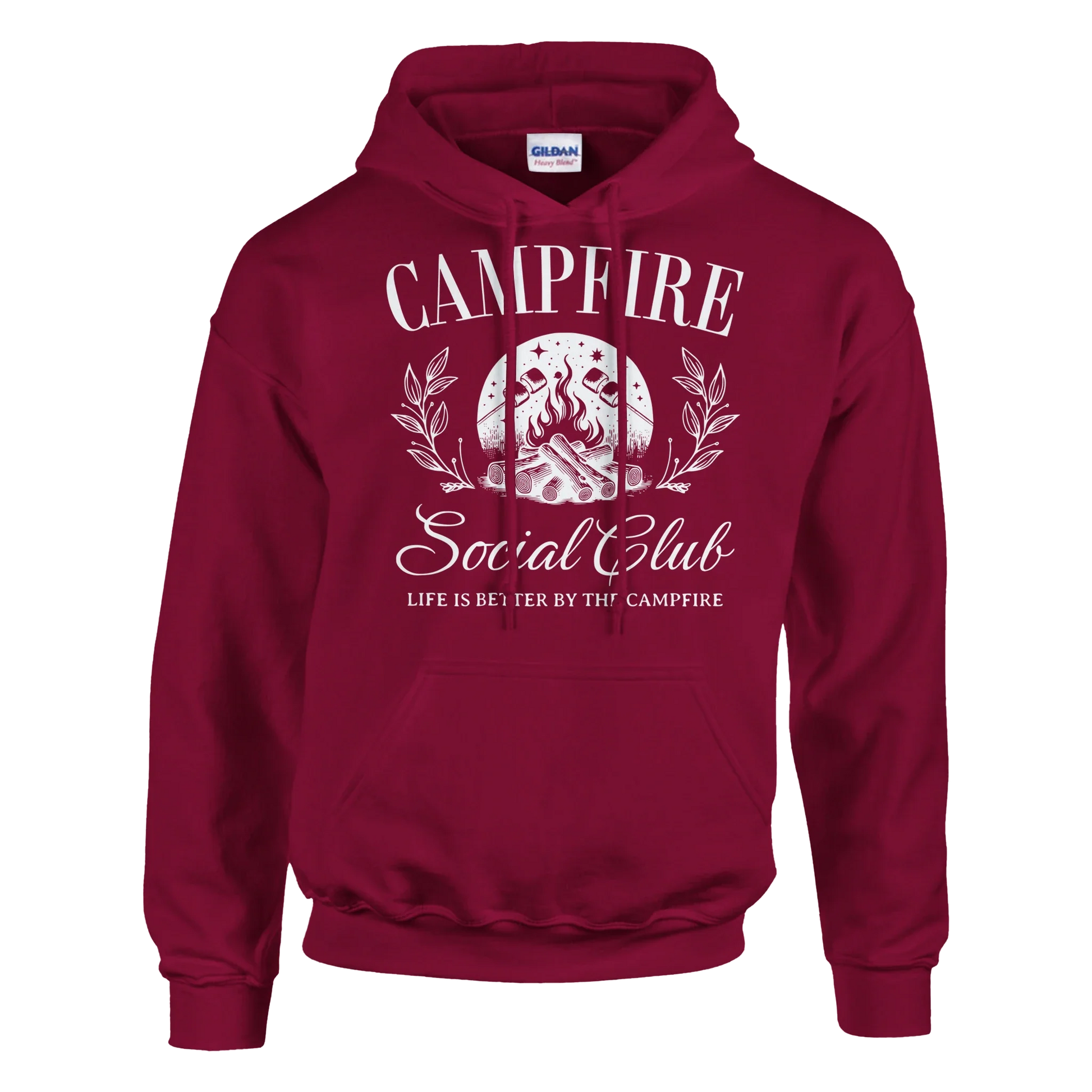 Maroon Campfire Social Club cozy hoodie with campfire graphic and front pouch pocket