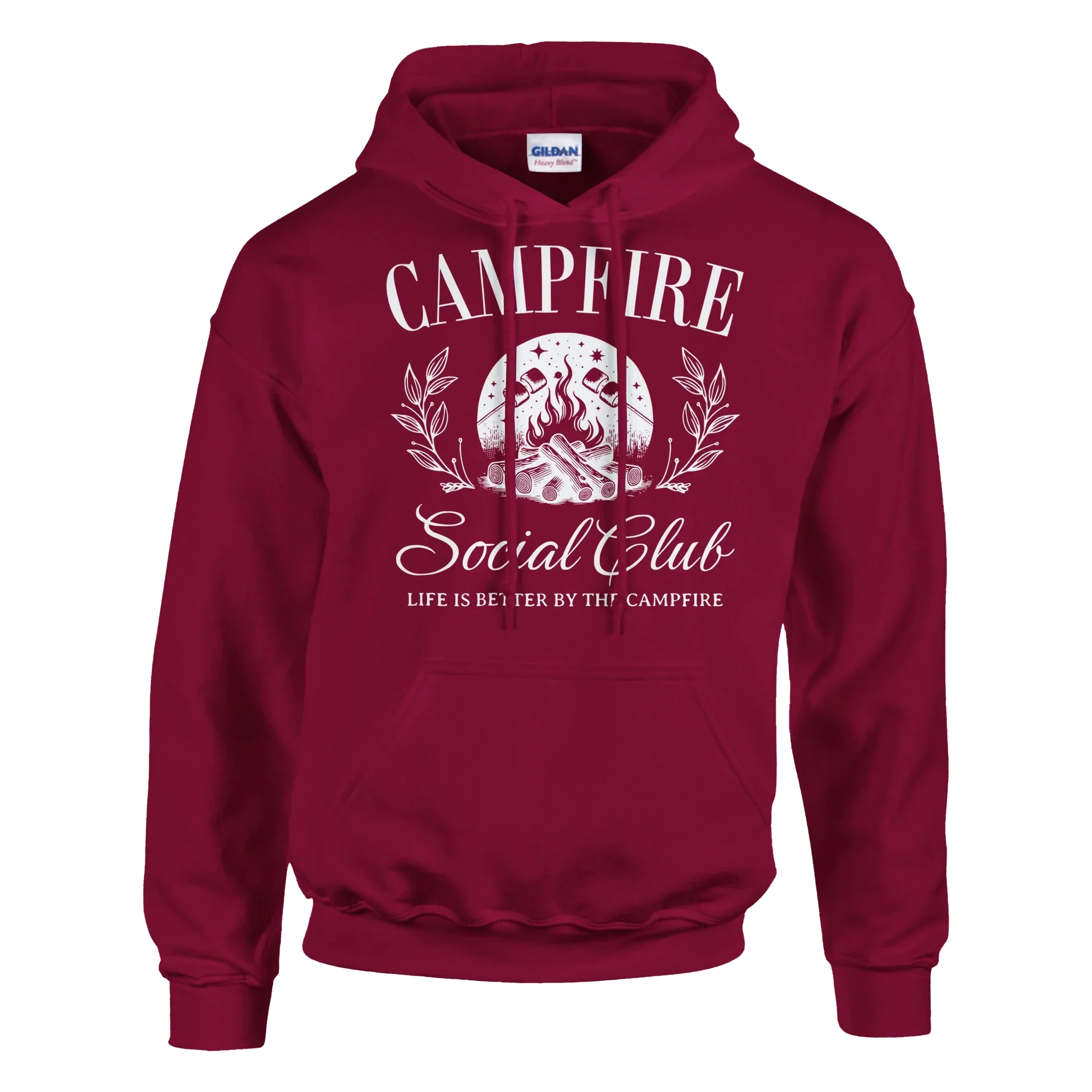 Campfire Social Club red cozy hoodie with campfire graphic and front pouch pocket
