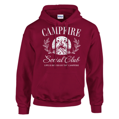 Maroon Campfire Social Club cozy hoodie with campfire graphic and front pouch pocket