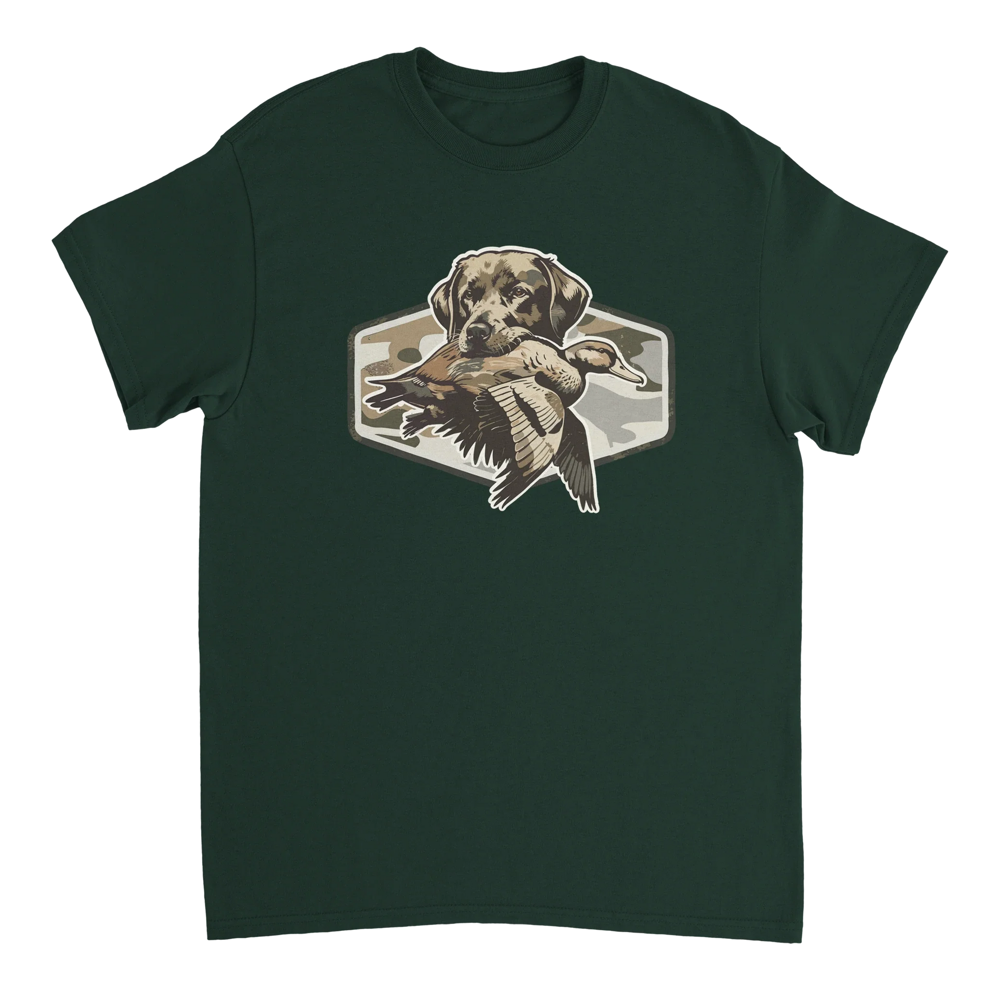 Dark green Duck Hunter's T-Shirt with hunting dog holding a duck graphic and camo background