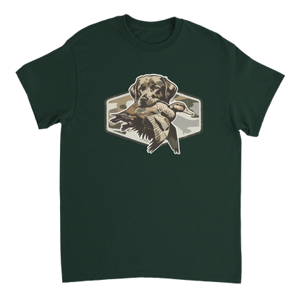 Dark green Duck Hunter's T-Shirt with hunting dog holding a duck graphic and camo background