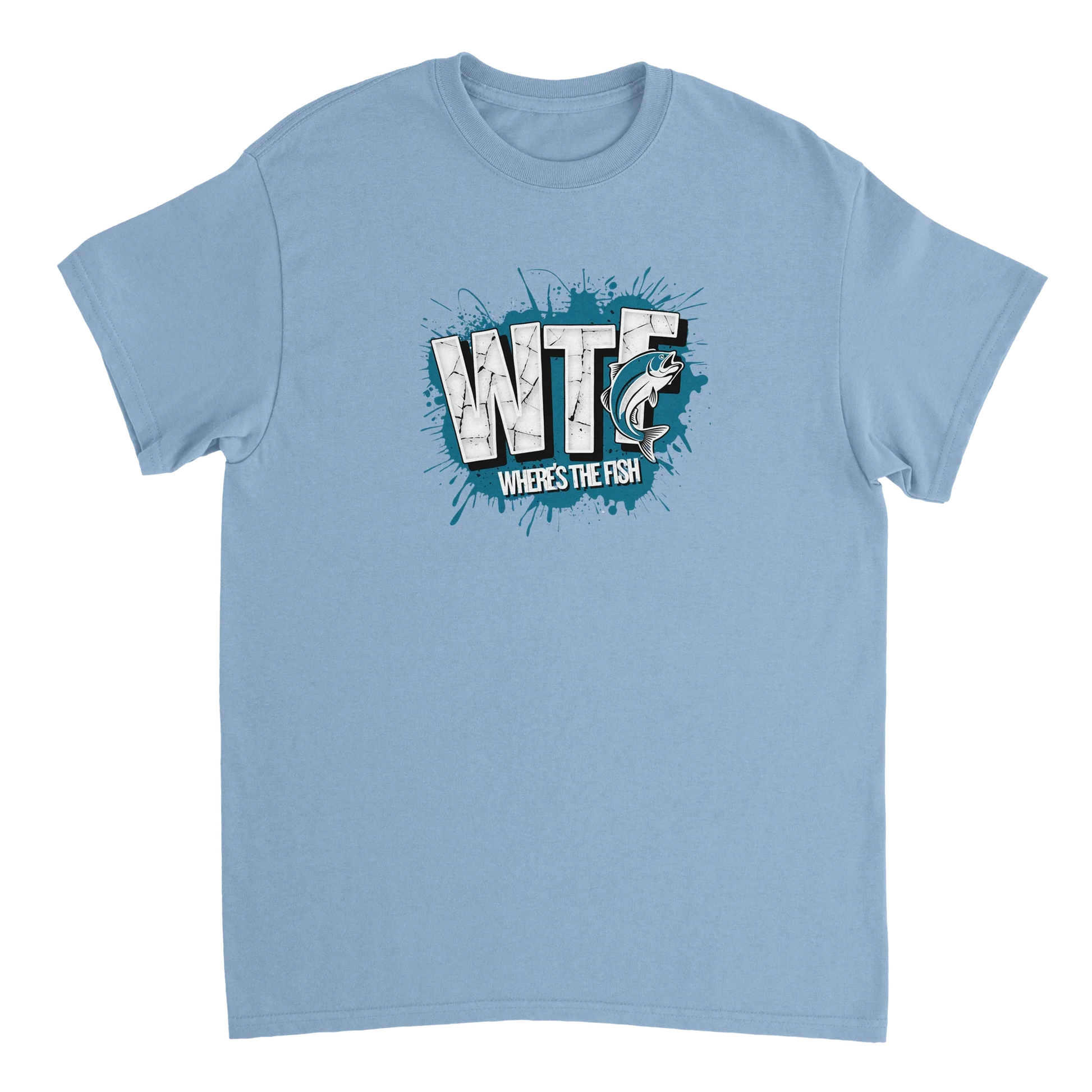 Light blue WTF Where's The Fish whimsical fishing t-shirt with graphic text and fish design on cotton classic fit tee