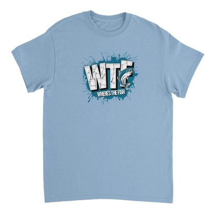 Light blue WTF Where's The Fish whimsical fishing t-shirt with graphic text and fish design on cotton classic fit tee