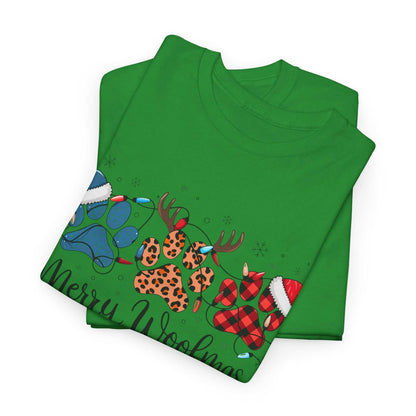 Green Merry Woofmas Christmas tee with paw prints in buffalo plaid, leopard spots, Christmas lights, and Santa hats design