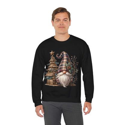 Unisex black sweatshirt featuring a rustic plaid Christmas gnome with white beard and festive tree design