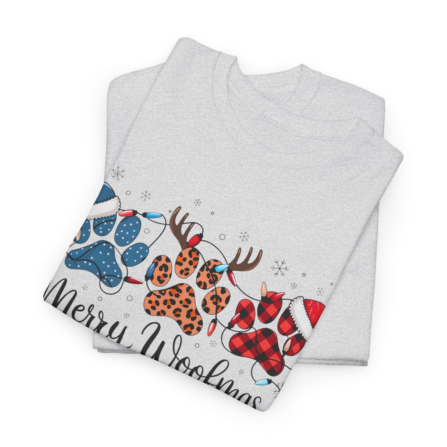 Merry Woofmas Christmas T-shirt with festive paw prints in buffalo plaid, leopard spots, antlers, and Santa hats on heavyweight cotton