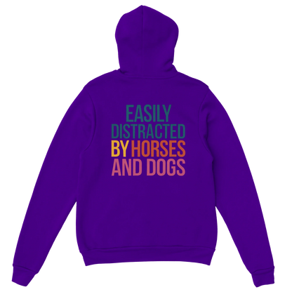 Purple Easily Distracted hoodie with colorful "Easily Distracted by Horses and Dogs" text on back