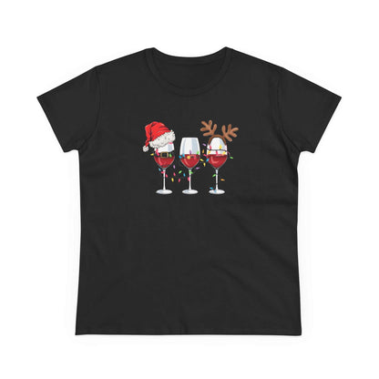 Black Christmas t-shirt with three wine glasses decorated with Santa hat, reindeer antlers, and Christmas lights design.