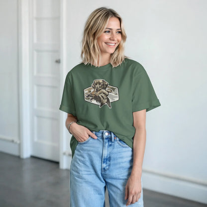 Woman wearing green Duck Hunter's T-Shirt with hunting dog and duck graphic and light blue jeans