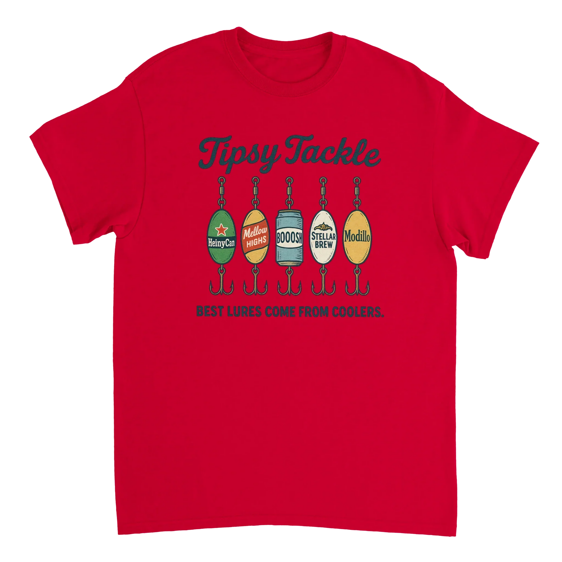 Red Tipsy Tackle T-Shirt with fishing lures and slogan "Best Lures Come From Coolers" printed on front