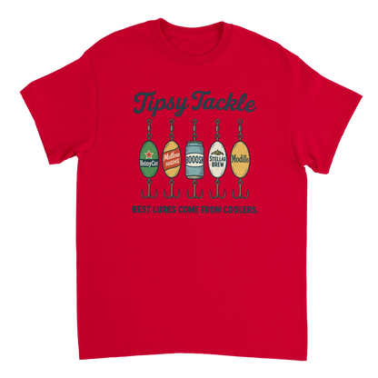 Red Tipsy Tackle T-Shirt with fishing lures and slogan "Best Lures Come From Coolers" printed on front