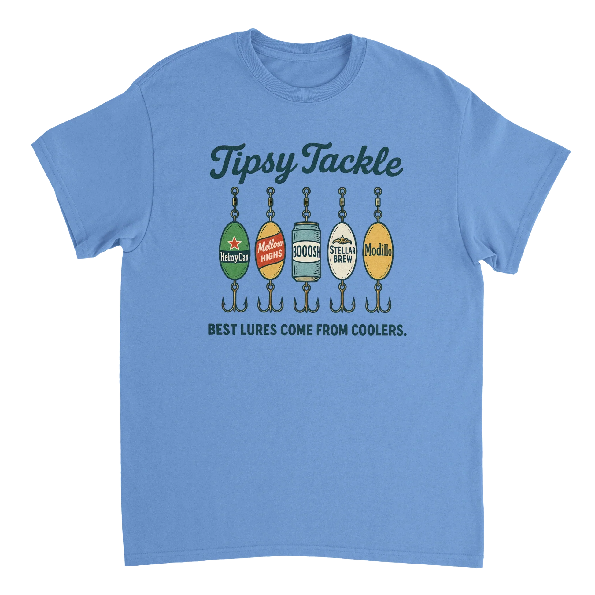 Light blue Tipsy Tackle T-Shirt with humorous fishing lure design and slogan "Best lures come from coolers"