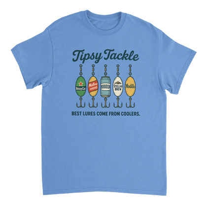 Light blue Tipsy Tackle T-Shirt with humorous fishing lure design and slogan "Best lures come from coolers"