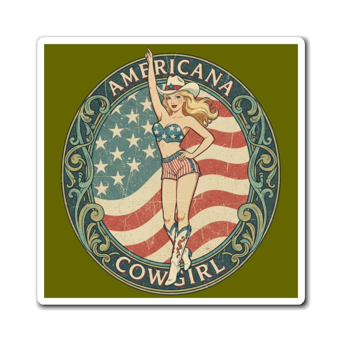 Vintage Americana Cowgirl Emblem magnet with star-spangled cowgirl and distressed American flag background