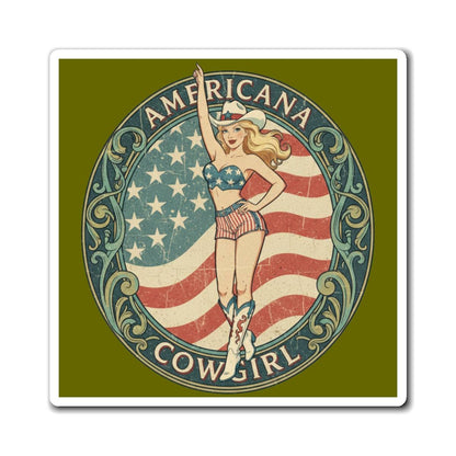 Vintage Americana Cowgirl Emblem magnet with star-spangled cowgirl and distressed American flag background