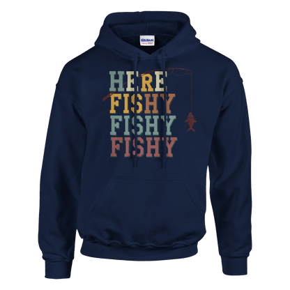 Here Fishy Fishy Fishy Hoodie navy blue with colorful fishing text and a fish graphic, heavy blend cotton-polyester pullover with front pouch pocket and drawstring hood