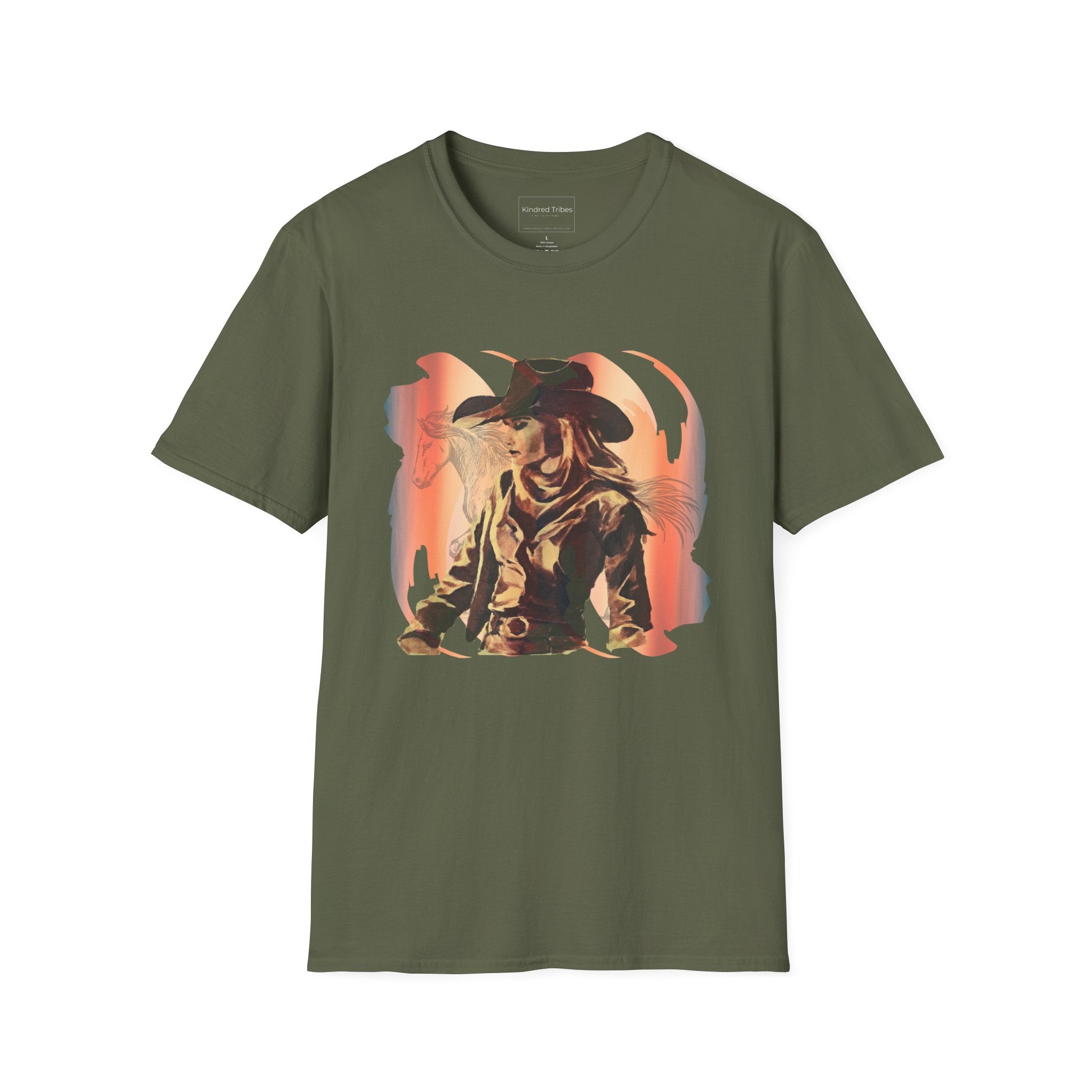 Cowgirl Sunset Shadow Rider T-Shirt - Vibrant Vintage Graphic Design