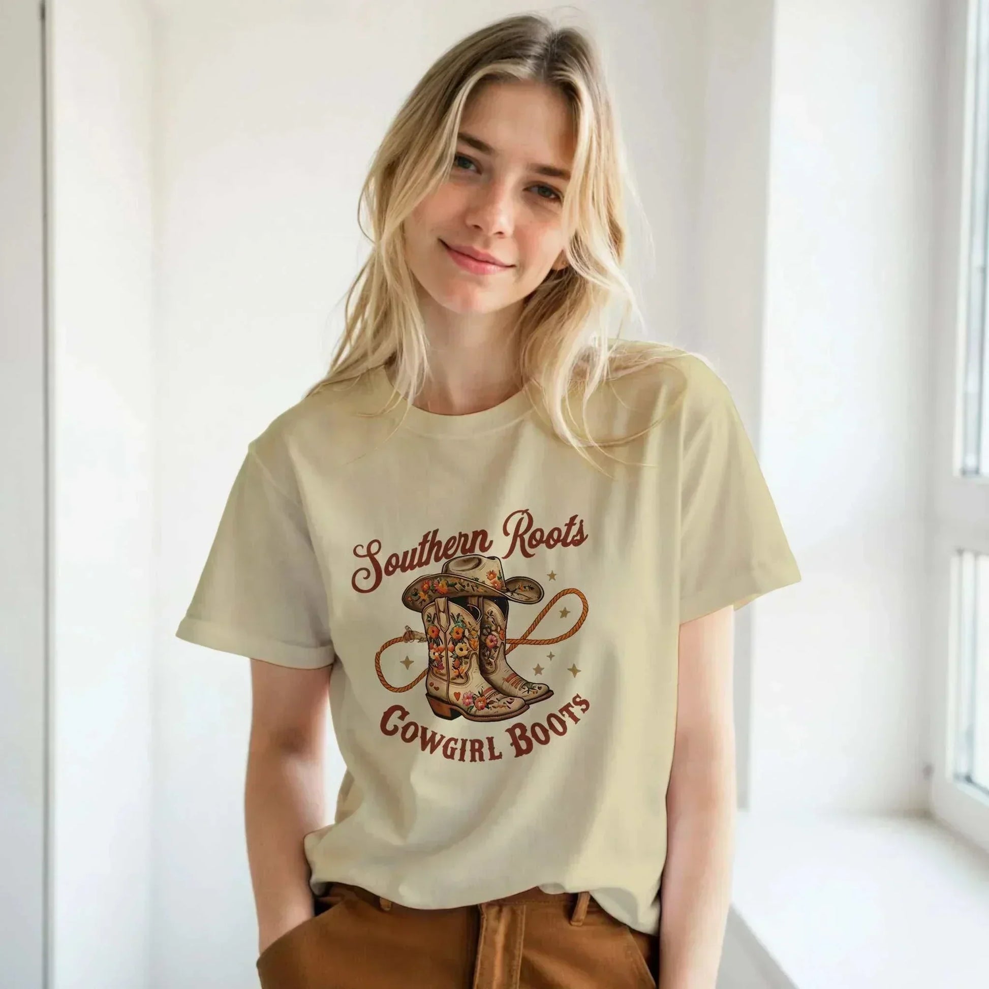 Woman wearing Southern Roots Cowgirl Boots-Sand-Unisex Heavyweight Cotton T-shirt
