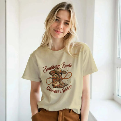 Woman wearing Southern Roots Cowgirl Boots-Sand-Unisex Heavyweight Cotton T-shirt