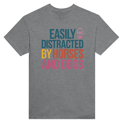 Easily Distracted By Horses and Dogs T-Shirt with colorful text and pink paw and hoof prints on grey cotton fabric