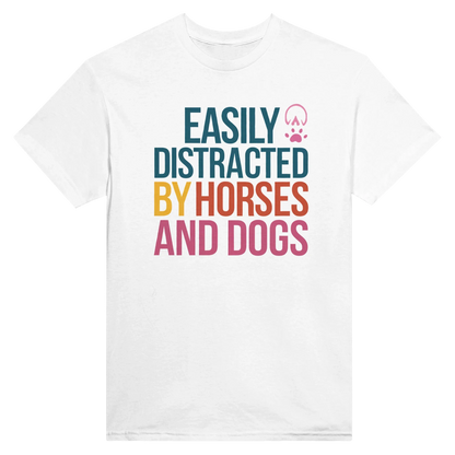 Easily Distracted By Horses and Dogs T-Shirt with colorful text and hoof and paw prints on white heavyweight cotton shirt