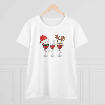White t-shirt featuring three wine glasses decorated with Christmas lights, Santa hat, and reindeer antlers design.