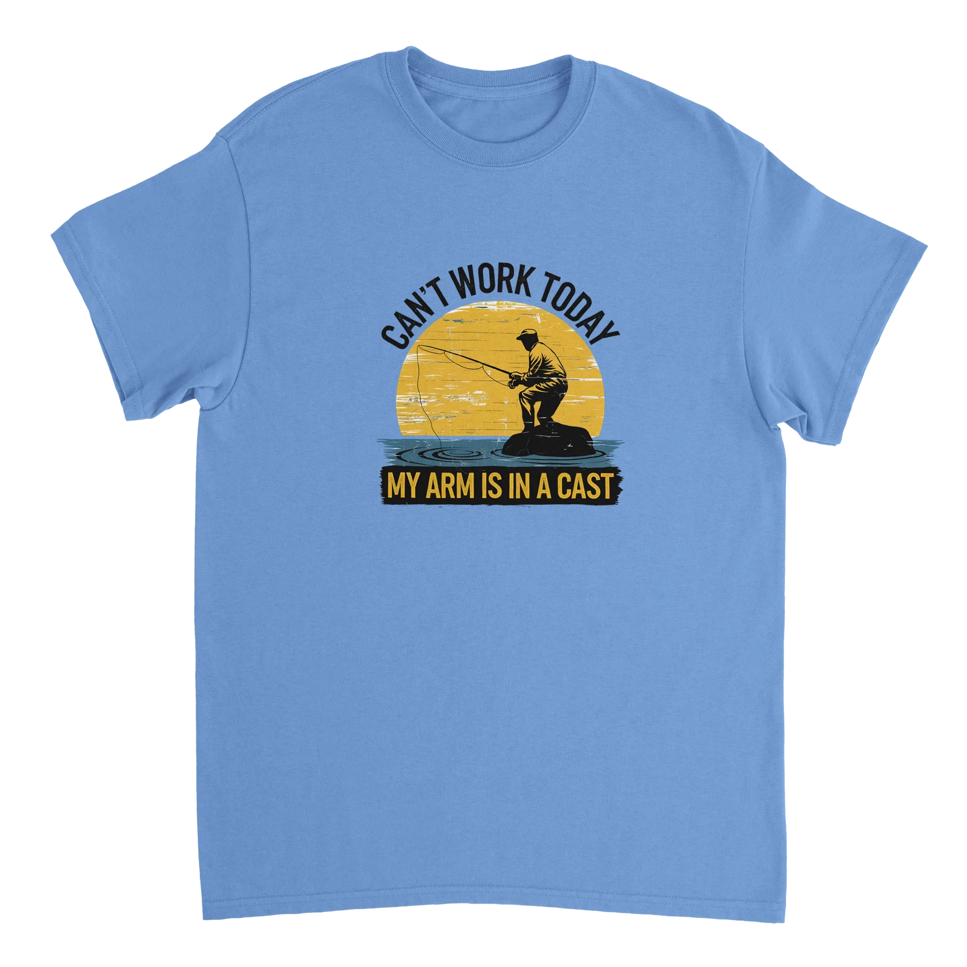 Light blue Funny Fishing T-Shirt with "Can't Work Today, My Arm is in a Cast" slogan and fishing graphic