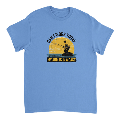 Light blue Funny Fishing T-Shirt with "Can't Work Today, My Arm is in a Cast" slogan and fishing graphic